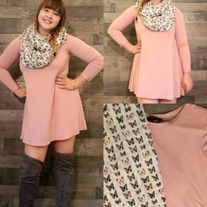 Blush pink dress and butterfly infinity scarf